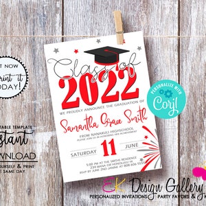 May include: Red and white graduation announcement with a black graduation cap, stars, and fireworks. The announcement says "Class of 2022" and "We proudly announce the graduation of Samantha Grace Smith from Nanakuli High School".