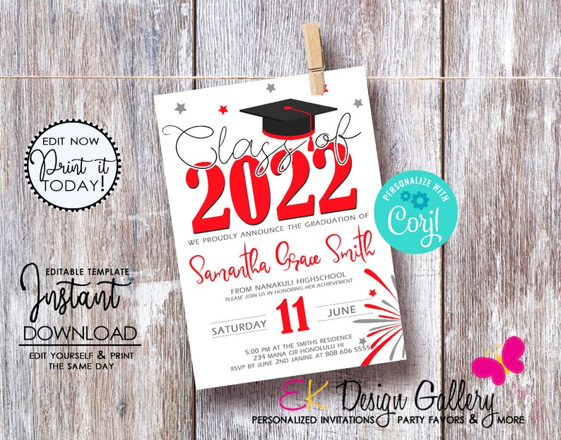 May include: Red and white graduation announcement with a black graduation cap, stars, and fireworks. The announcement says "Class of 2022" and "We proudly announce the graduation of Samantha Grace Smith from Nanakuli High School".