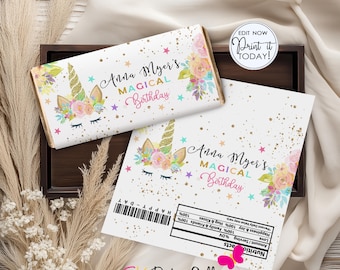 Unicorn Candy Wrapper, Chocolate Bar Wrap (Editable, Instant Download)