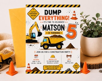 Construction Birthday Invitation Template, Boy 5th Birthday, Editable Dump Truck Invite (Instant Download)