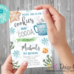 Cookie and Cocoa Birthday Invitation, Winter Birthday Party, EDITABLE Cookie and Cocoa Boys Birthday Invite, Corjl Template Instant Download