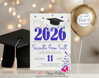 Blue Silver Graduation Invitation: Class of 2026 Invite (EDITABLE Template)