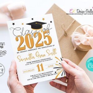 TÉLÉCHARGEMENT IMMÉDIAT Invitation pour l'obtention du diplôme 2025 Invitation pour un diplômé or Invitation à la fête de remise des diplômes Modèle MODIFIABLE Corjl pour la promotion 2025