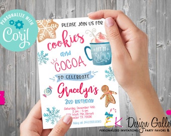 Cookies and Cocoa Birthday Invitation: Winter Holiday Party Invite (Editable, Instant Download)