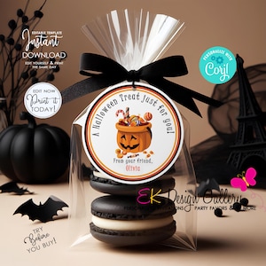 May include: A Halloween treat bag with a black ribbon and a round tag that says "A Halloween Treat Just for You!" with a pumpkin illustration and the text "From your friend, Olivia".
