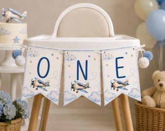 Airplane High Chair Banner, Birthday ONE Bunting, Little Pilot, First Birthday Party (Instant Download)