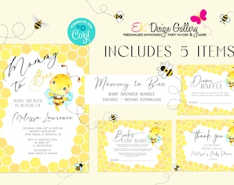 Bee Baby Shower Invitation Bundle, Editable Mommy To Bee Invite Games Sign (Instant Download)