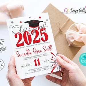 Convite para formatura 2025, convite vermelho para formatura, convite para festa de formatura, comemoração da turma de 2025, download instantâneo, modelo Corjl EDITÁVEL