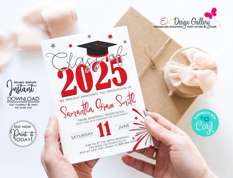 May include: Editable graduation announcement template with a red and black graduation cap, the text "Class of 2025", and the name "Samantha Grace Smith".