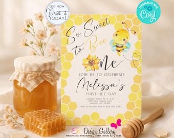 Bee Birthday Invitation, Frist Bee-Day Invite, Editable Template (Digital Download)