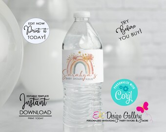 Könnte beinhalten: Eine transparente Wasserflasche mit einem Etikett, das ein Aquarell-Regenbogen-Design, florale Akzente und den Text "Sarahya's Baby Shower 9.25.25" zeigt. Zusätzlicher Text enthält "Edit Now Print it Today!" und "Instant Download Print Today!"