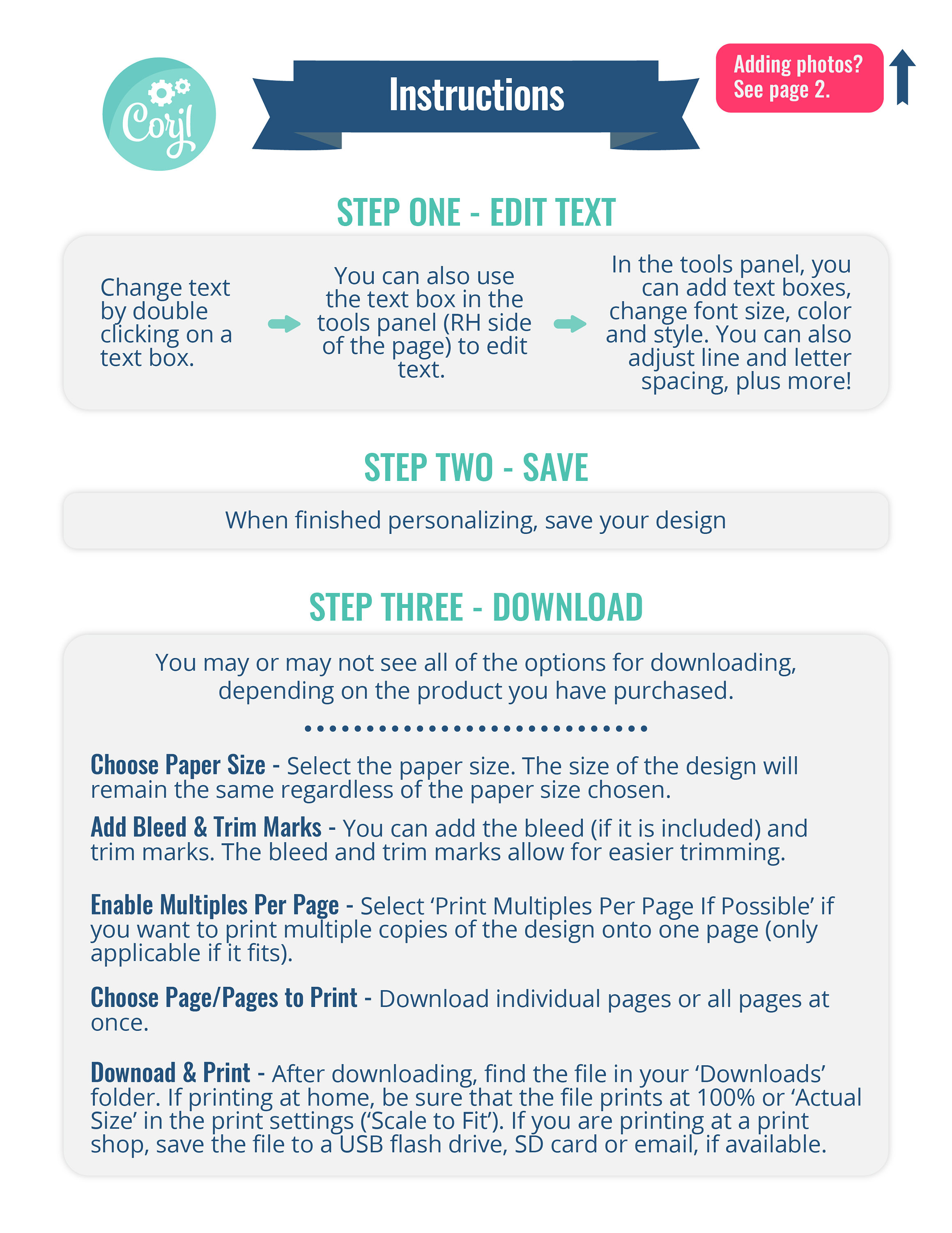 May include: A colorful infographic with instructions on how to edit, save, and download a design. The steps include editing text, saving the design, and downloading the file. The infographic also includes information on choosing paper size, adding bleed and trim marks, enabling multiples per page, and choosing pages to print.