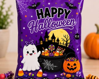 Halloween Ghost Chip Bag Wrapper, Editable Trick or Treat Party Favor Wrap (Digital Download)