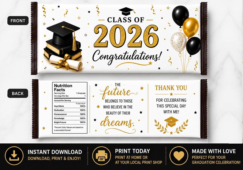 Graduation Candy Wrapper, Gold Black Class of 2026 Chocolate Wrap ...