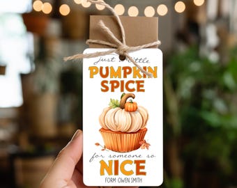 May include: A rectangular gift tag with the text "just a little PUMPKIN SPICE" in orange and white. Below is a watercolor illustration of a pumpkin on a cupcake. The tag reads "for someone so NICE" and "FORM: OWEN SMITH".