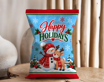 Happy Holidays Chip Bag Wrapper, Christmas Snowman & Reindeer Treat Favor Bag (Digital Download)