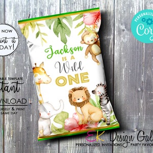 Sacchetto di patatine Wild One Safari: snack wrap per compleanni a tema animali della giungla (download digitale istantaneo)