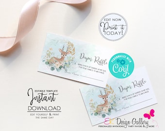 May include: Editable template for a diaper raffle. The design features a cute deer with floral accents on a blue background. The text says "Diaper Raffle" and "Bring a pack of diapers, in any size, for your chance to win a prize".