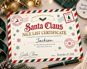 Letter From Santa Nice List Certificate, Personalized Digital Download