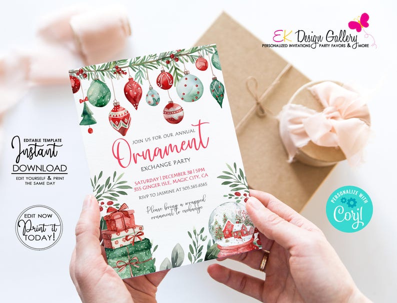 May include: A Christmas ornament exchange party invitation featuring a watercolour illustration of baubles, a snow globe, and wrapped presents. The text reads "Join us for our annual Ornament Exchange Party" and includes the date, time, location, and RSVP details.