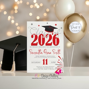 Red Graduation Invite, Class of 2026, Editable Invitation Template (Instant Download) image 1