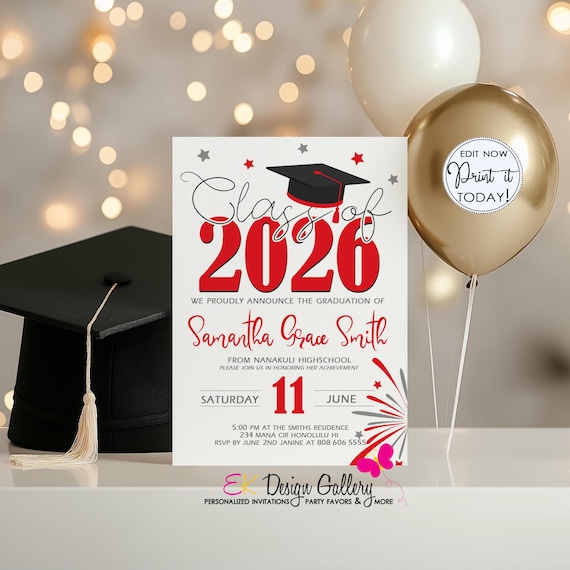 Red Graduation Invite, Class of 2026, Editable Invitation Template (Instant Download)
