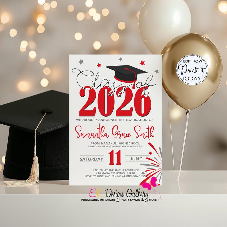 Red Graduation Invite, Class of 2026, Editable Invitation Template (Instant Download) image 1