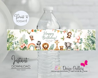 Wild Safari Birthday Water Bottle Label: Jungle Animals Party Bottle Wrap (Instant Download)