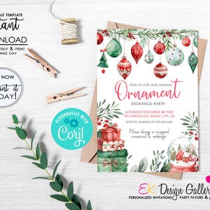 May include: A white invitation with a watercolour design of Christmas ornaments, greenery, and a snow globe. The text reads "Join us for our annual Ornament Exchange Party" with the date, time, and location.