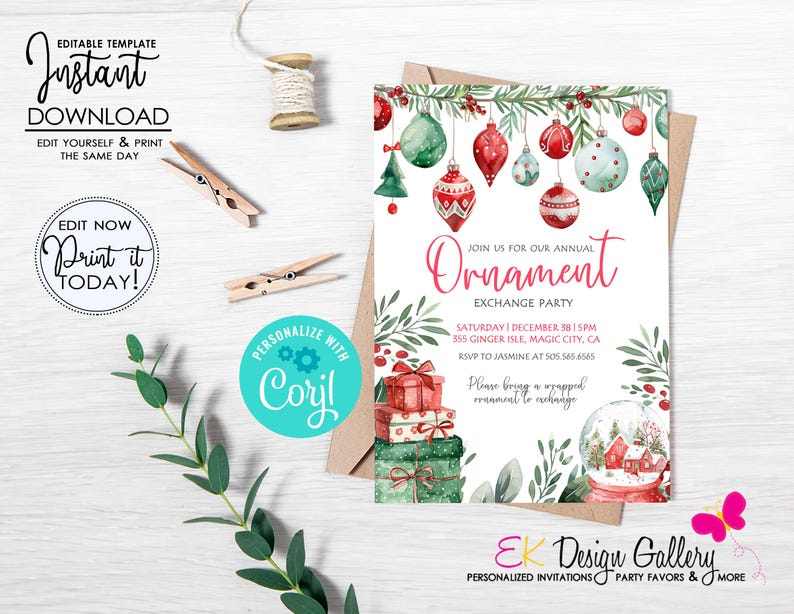 May include: A white invitation with a watercolour design of Christmas ornaments, greenery, and a snow globe. The text reads "Join us for our annual Ornament Exchange Party" with the date, time, and location.