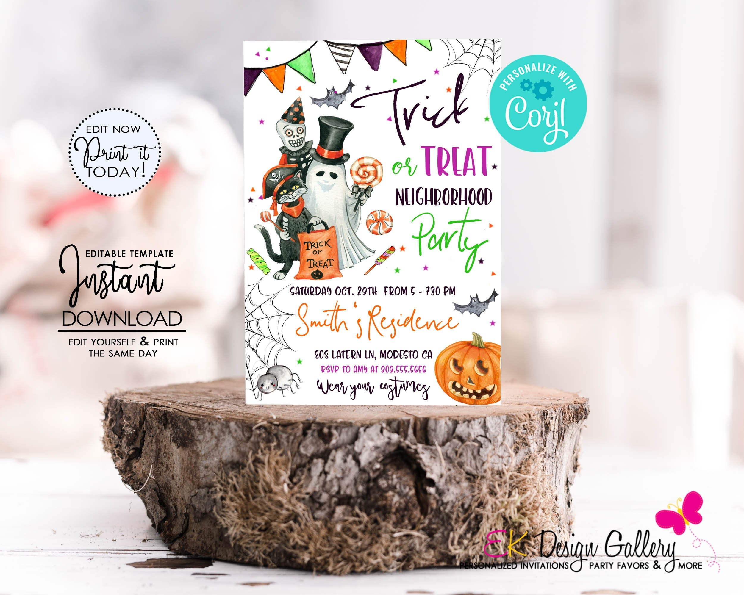 Halloween Trick or Treat Party Invitation (Editable, Digital Download)
