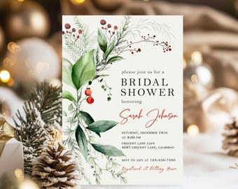 May include: Bridal shower invitation with floral and berry accents. The invitation text reads "Please join us for a Bridal Shower honoring Sarah Johnson." Details include date, time, and location. RSVP information is also provided.