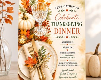 Thanksgiving Dinner Invitation, Friendsgiving Gathering Party Invite, Editable,  Digital Download