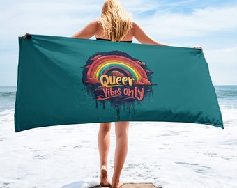 Queer Vibes Only Beach Towel - Rainbow Pride Towel for LGBTQ+ Community