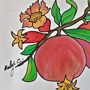 May include: A painting of a pomegranate branch with red fruit, green leaves, and yellow flowers. The artist's signature, "Molly.C", is in the lower left corner.