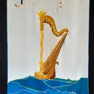 タリート - デイビッドのハープ - 祈りのショール - シルク - 手描き - カンター、歌手、バットミツバ、誕生日のプレゼントに最適 タリートバッグ付き