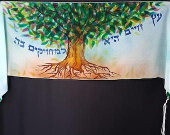 Tree of Life ,Women's Prayer Shawl,Hand Painted pure Silk Tallit.