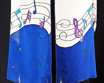 Hand Painted Silk Tallit – Musical Notes Design, Bat Mitzvah Gift