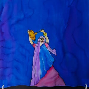 MIRYAM - ユニークな祈りのショール。手描きのシルク。聖書に登場する主要な女性の一人。女性やバット・ミツワーへのプレゼントに最適です。