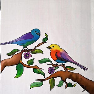 Hand Painted Silk Tallit - Bird Song Design, Kosher Tzitzit