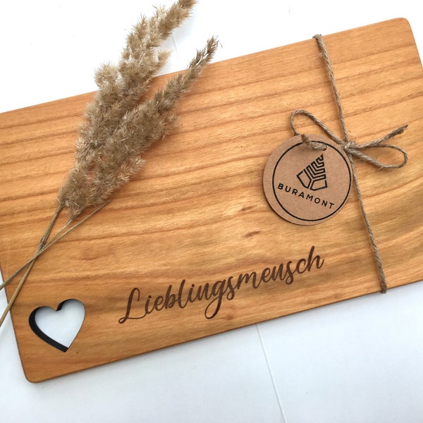 Frühstücksbrett Herzel, Kirsche mit Gravur, Holz, Stullenbrett, Holzbrett, Muttertag, Valentinstag