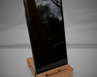 Mobile phone stand, mobile phone holder made of wood, with engraving