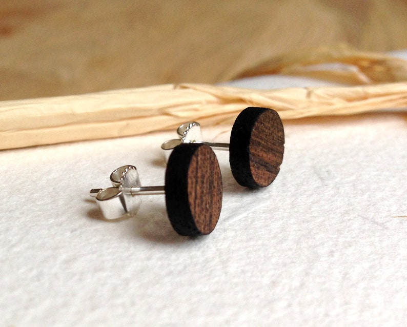 Walnut wood stud earrings with 925 silver clasp, wooden jewelry, Christmas gift, Secret Santa gift image 2