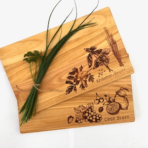 Frühstücksbrett Kirschholz 30x18cm | „Obst u. Gemüse“ & „Kräuter“ | Handgemachtes Schneidebrett geölt FSC Holz