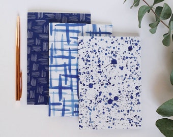 Set of 3 Notebooks, 3 x A6 Notebooks, Blue & White Notebooks, A6 Ink Pattern Notebooks, Journal, Sketchbook