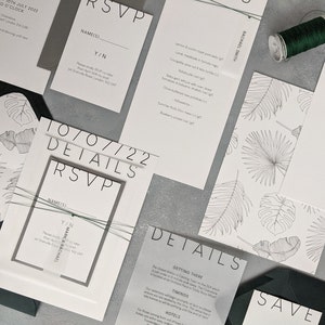 Paquete de muestra de papelería de boda, invitación de boda tropical, invitación de boda, papelería de boda de vegetación, papelería de boda semi-personalizada