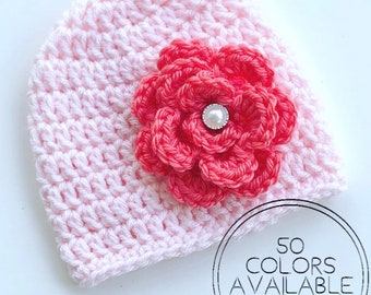 Rose Flower Hat (newborn, baby, children's, toddler, crochet, beanie, baby girl, winter hat, photo prop, floral, gift, flower hat