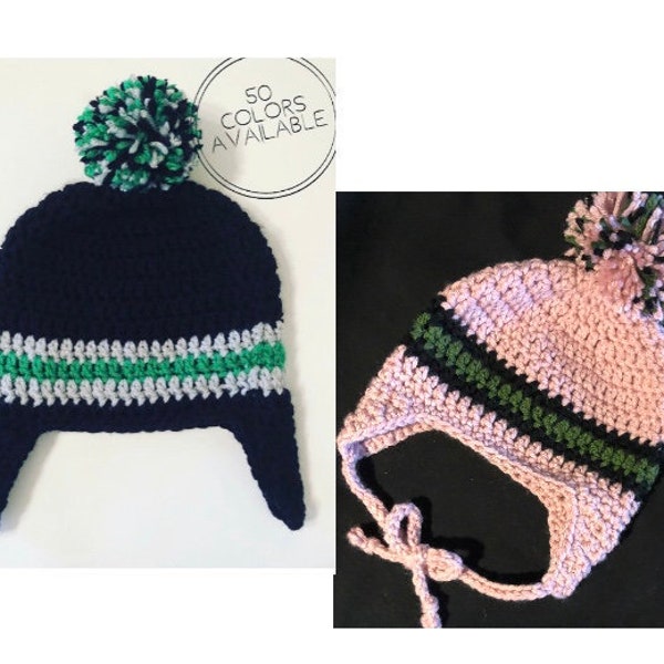 PomPom Tassel Hat / crochet hat, earflap hat, girls, boys, winter hat, newborn, baby, toddler, children's, teen, adult