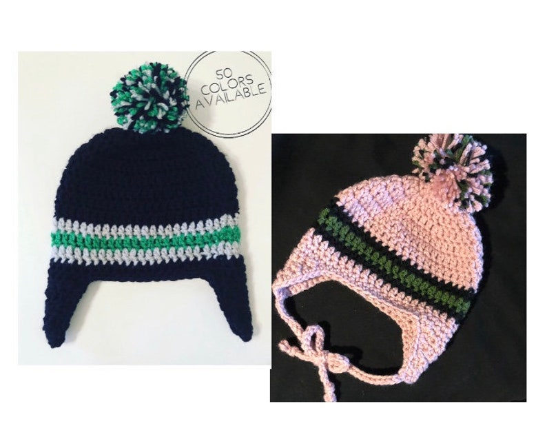 Baby Toddler Handmade Crochet Earflap Pom Pom Hat New Pink Stripe or Solid