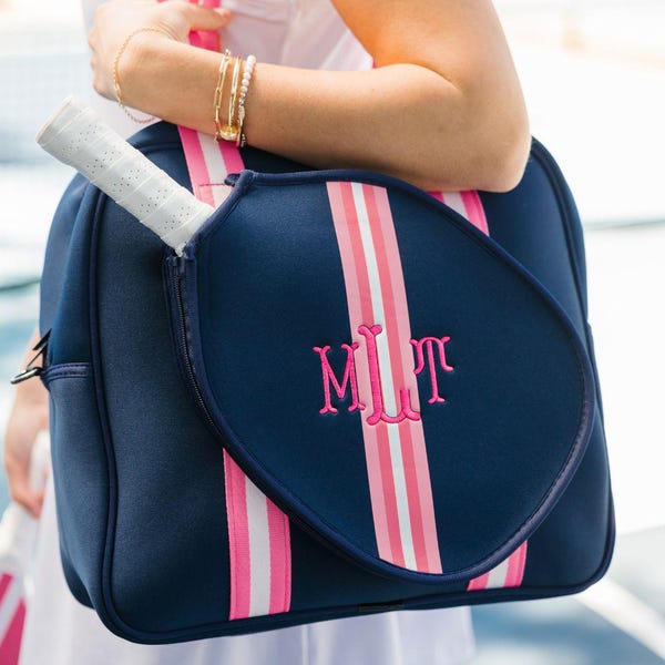 Striped Monogram Pickleball/Tennis Bag // Womens Pickleball Bag Pickleball Bag for Her Custom Pickleball Gift Pickleball Tote Shoulder Strap